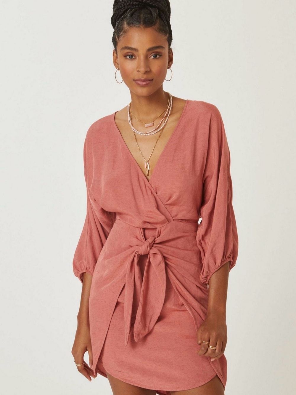 Women’s Coral Wrap Tie-Front Wrap Mini Dress - Picture 1 of 10